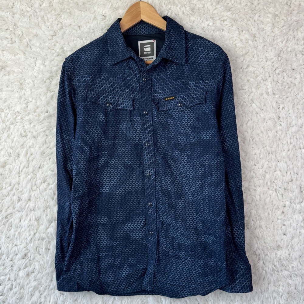 G-Star Raw Tailor Shirt Sz M Blue Patterned Snap Long Sleeve Gorpcore Streetwear